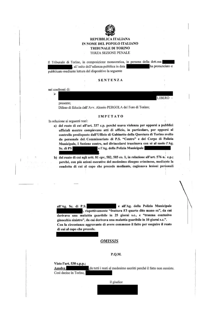 Resistenza a pubblico ufficiale: sentenza di assoluzione per l’assistito.